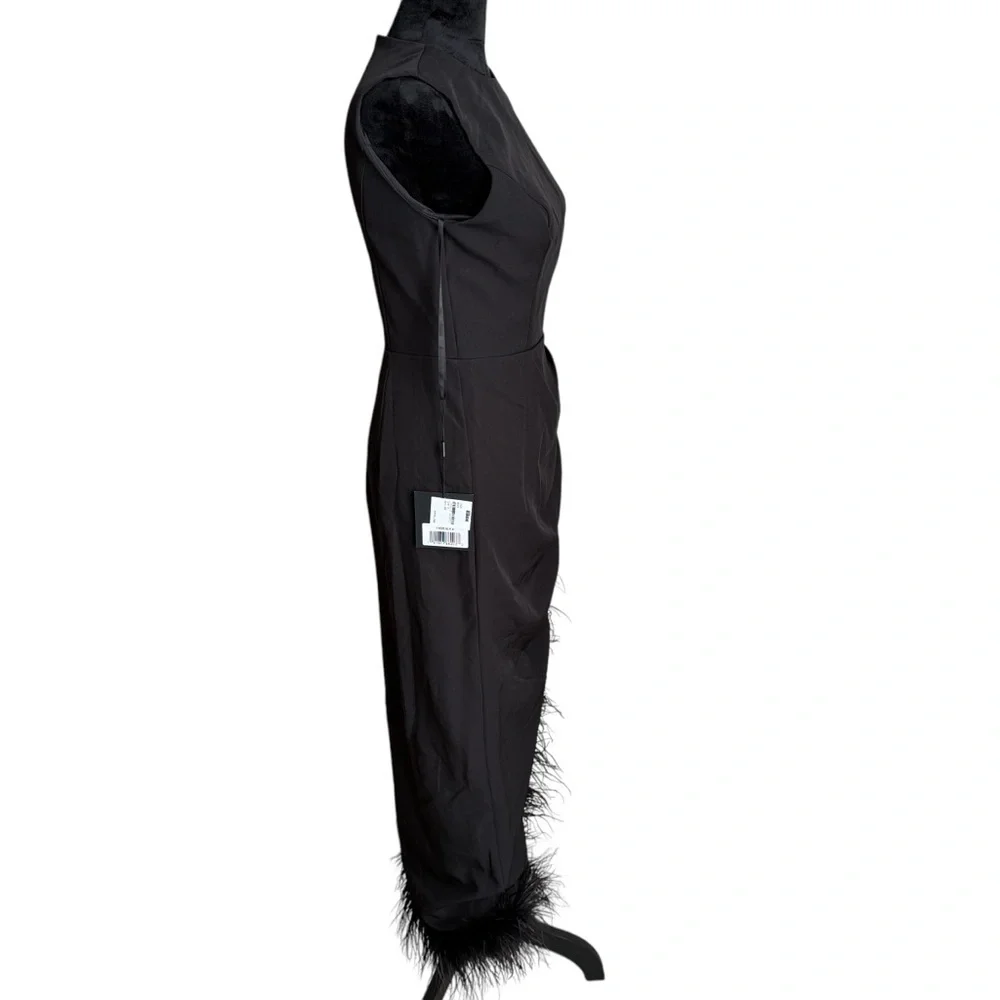 Mac Duggal Black Feather Trim Asymmetrical Maxi Dress Size 4 NWT - Picture 5 of 7